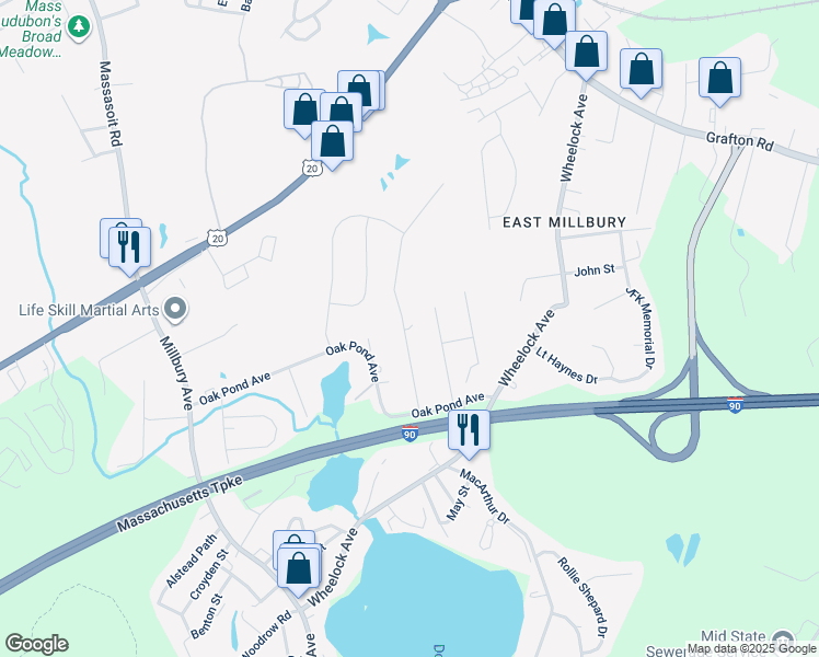 map of restaurants, bars, coffee shops, grocery stores, and more near 20 Westview Avenue in Millbury