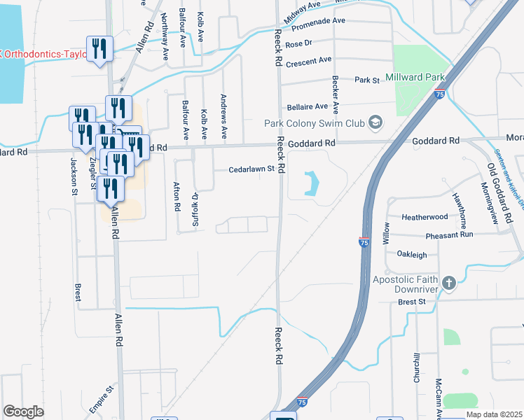 map of restaurants, bars, coffee shops, grocery stores, and more near 11350 Reeck Road in Southgate