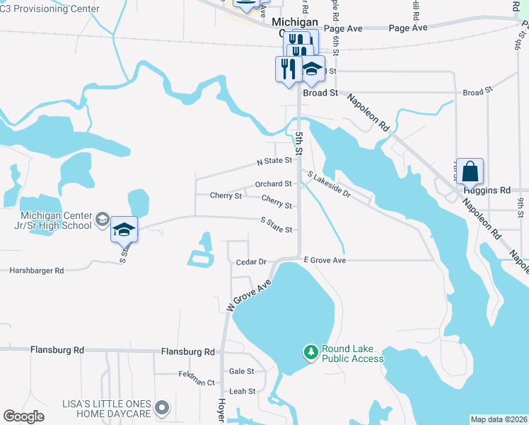 map of restaurants, bars, coffee shops, grocery stores, and more near 137 Cherry Street in Michigan Center