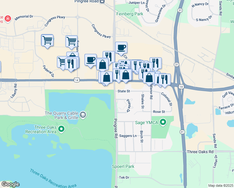 map of restaurants, bars, coffee shops, grocery stores, and more near 5013 State Street in Crystal Lake