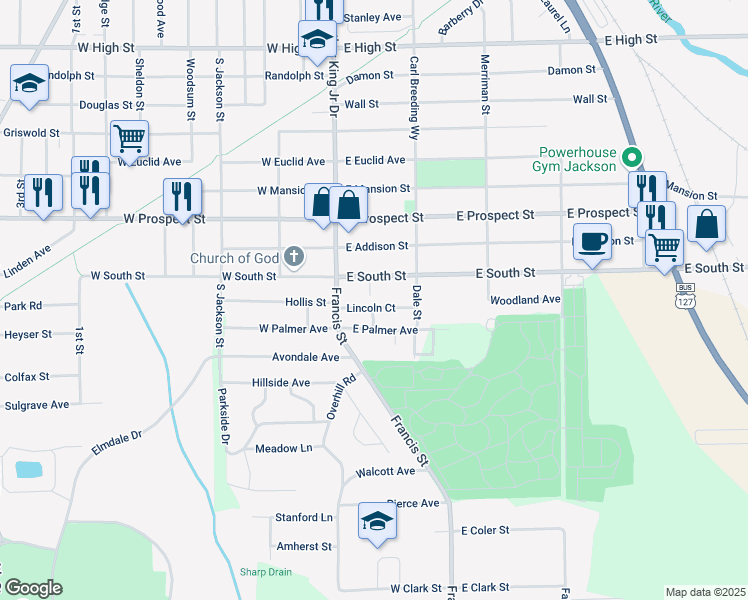 map of restaurants, bars, coffee shops, grocery stores, and more near 2115 Sunnyside Ct in Jackson