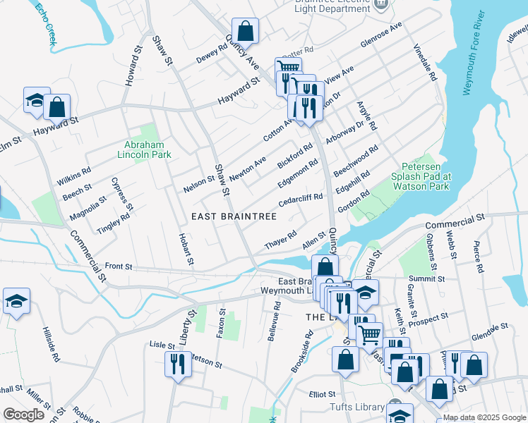map of restaurants, bars, coffee shops, grocery stores, and more near 65 Cedarcliff Road in Braintree