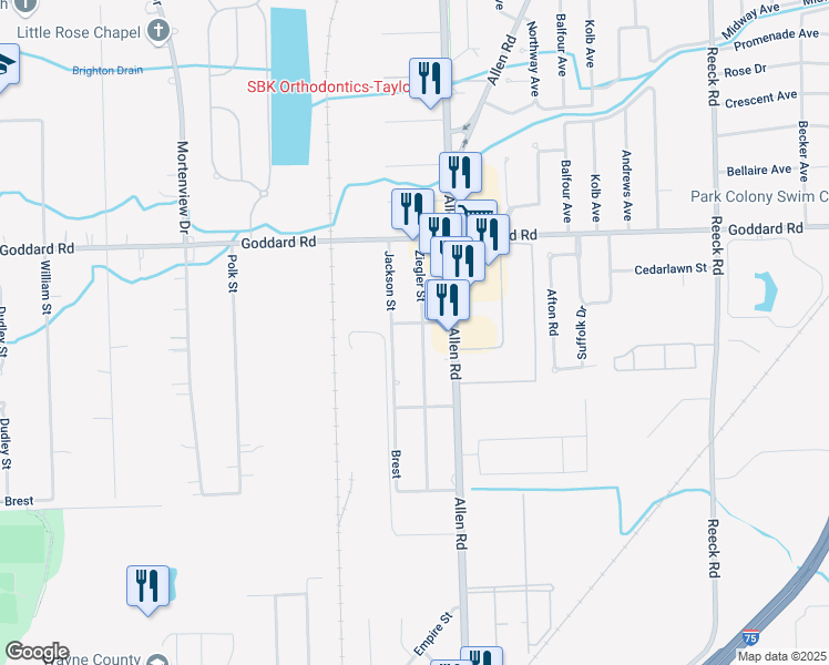 map of restaurants, bars, coffee shops, grocery stores, and more near 11209 Jackson Street in Taylor