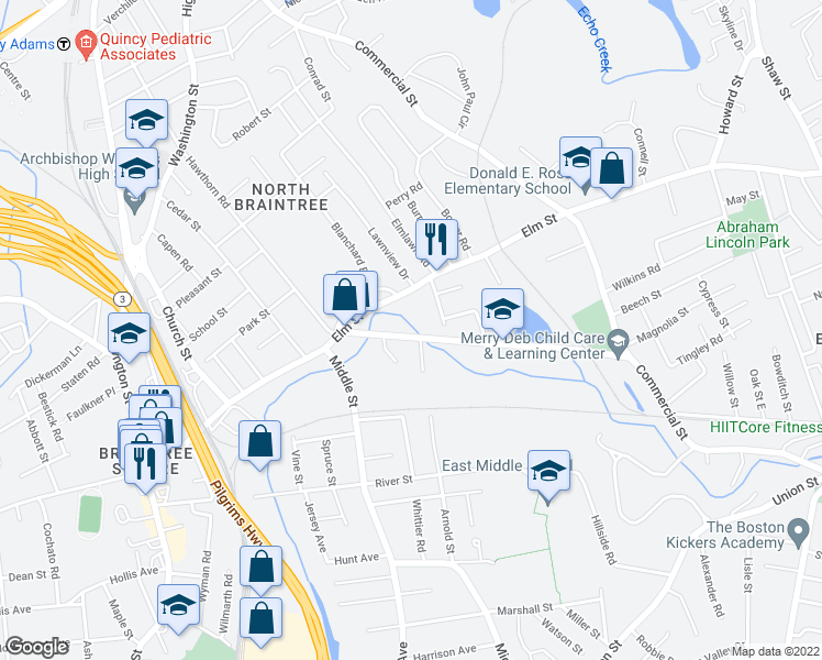 map of restaurants, bars, coffee shops, grocery stores, and more near 60 Adams Street in Braintree