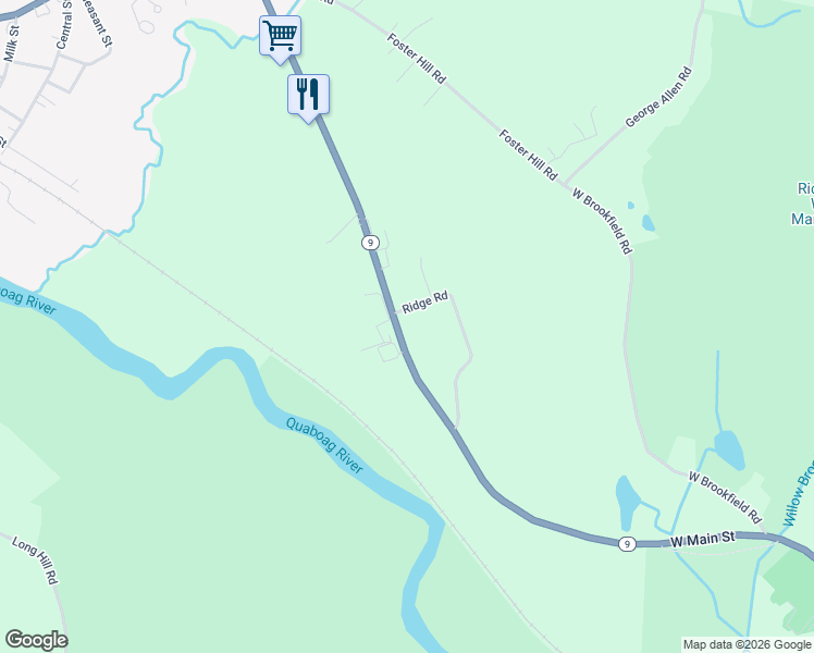 map of restaurants, bars, coffee shops, grocery stores, and more near 170 East Main Street in West Brookfield