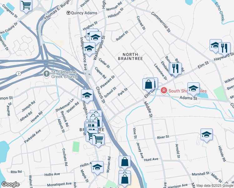 map of restaurants, bars, coffee shops, grocery stores, and more near 109 School Street in Braintree