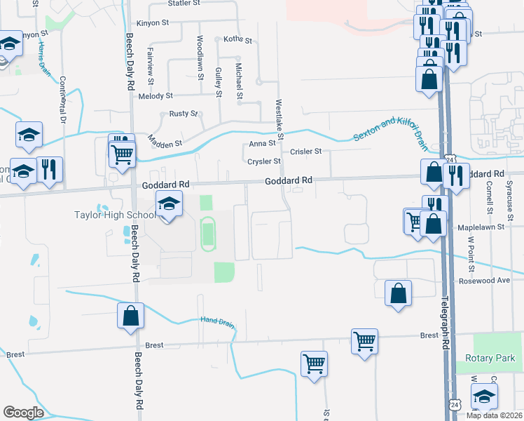map of restaurants, bars, coffee shops, grocery stores, and more near 11250 Brydan Street in Taylor