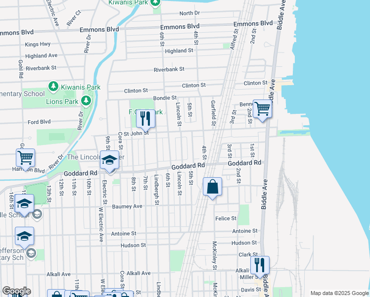 map of restaurants, bars, coffee shops, grocery stores, and more near 871 Lincoln Street in Wyandotte