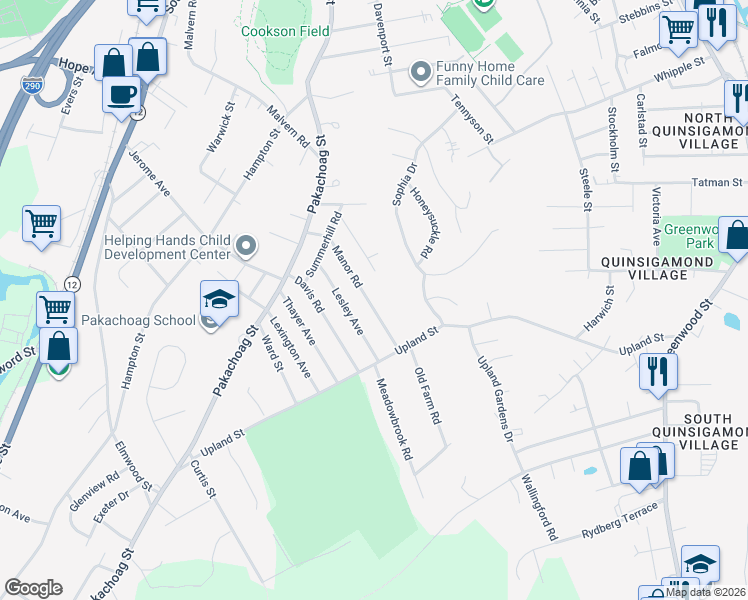 map of restaurants, bars, coffee shops, grocery stores, and more near 23 Manor Road in Auburn