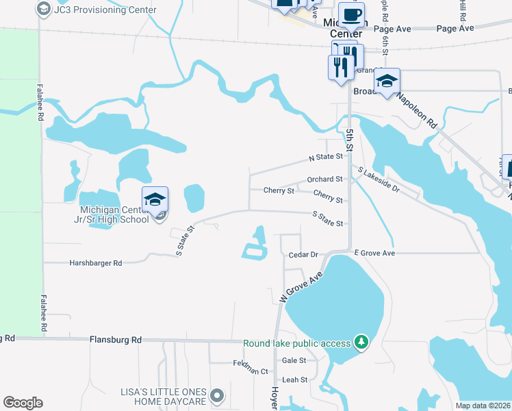 map of restaurants, bars, coffee shops, grocery stores, and more near 190 South State Street in Michigan Center