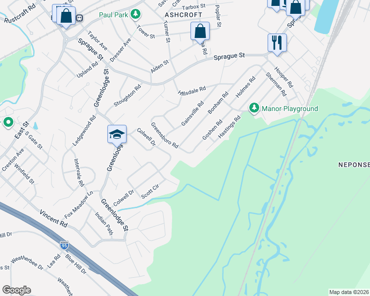 map of restaurants, bars, coffee shops, grocery stores, and more near 113 Goshen Road in Dedham