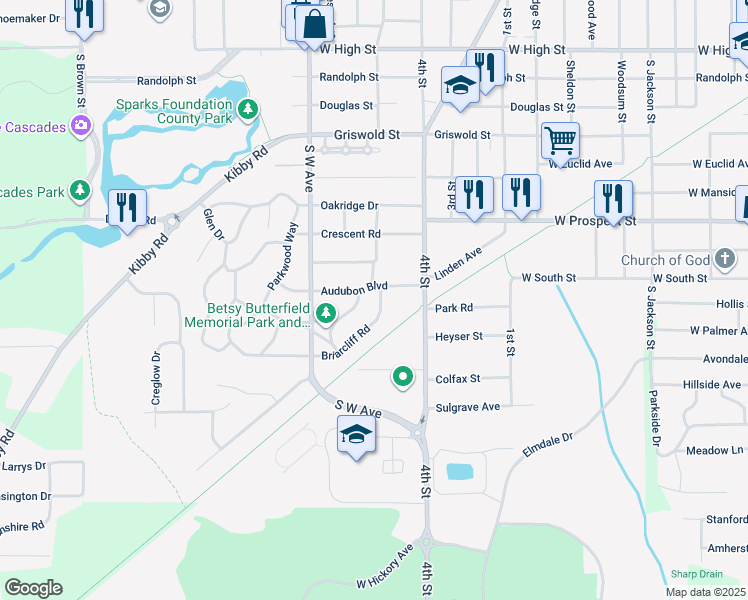 map of restaurants, bars, coffee shops, grocery stores, and more near 734 Briarcliff Road in Jackson
