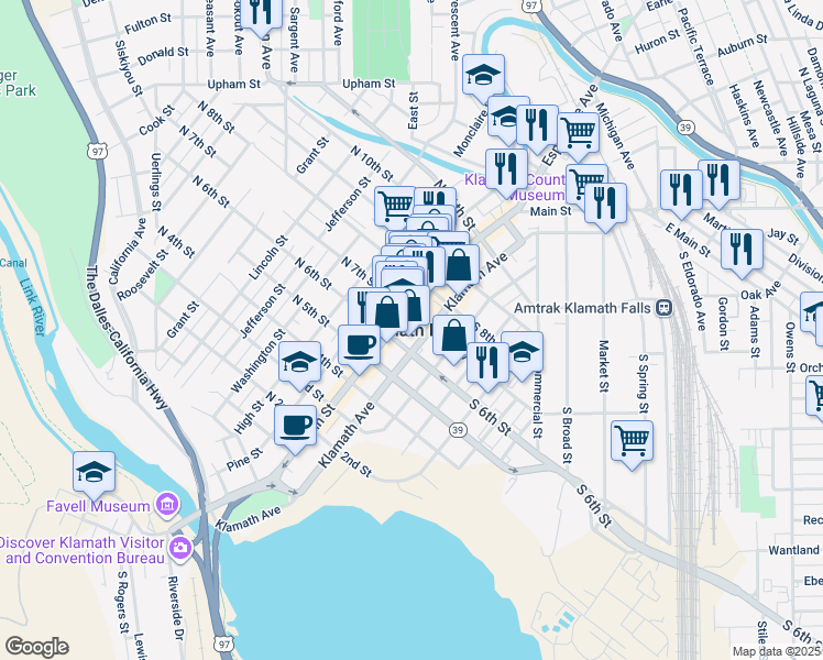 map of restaurants, bars, coffee shops, grocery stores, and more near in Klamath Falls