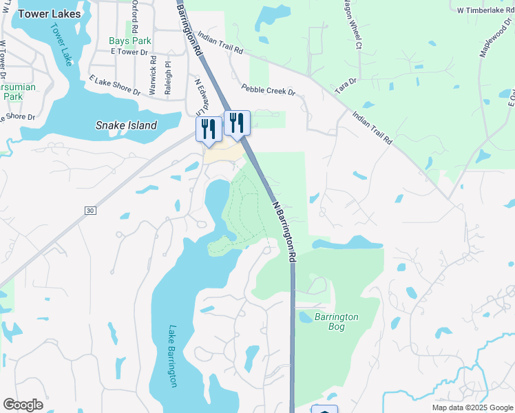 map of restaurants, bars, coffee shops, grocery stores, and more near The Commons Recreational Park Path in Lake Barrington