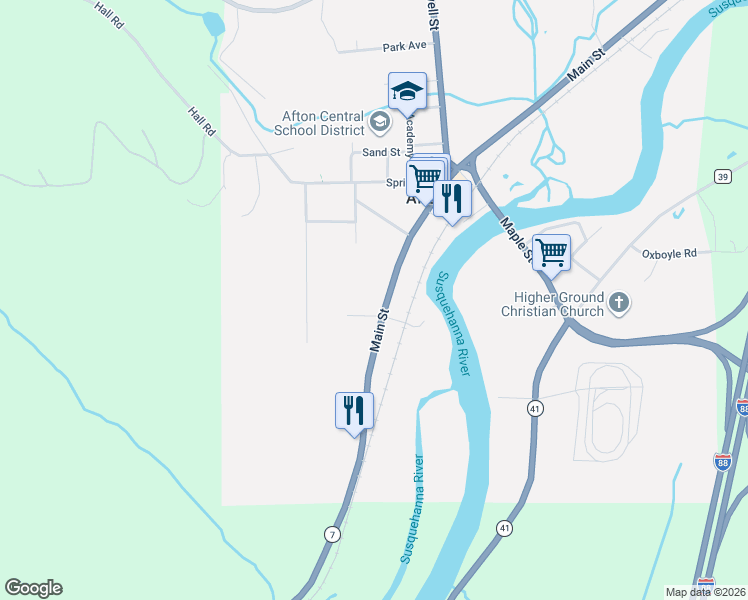 map of restaurants, bars, coffee shops, grocery stores, and more near 99 Main St in Afton