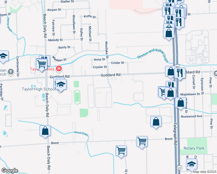 map of restaurants, bars, coffee shops, grocery stores, and more near Brydan Drive in Taylor