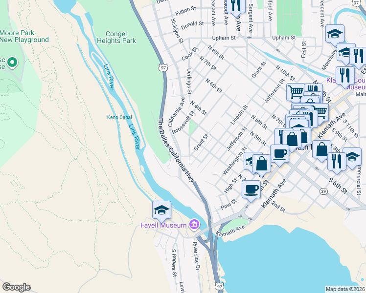 map of restaurants, bars, coffee shops, grocery stores, and more near 729 California Avenue in Klamath Falls