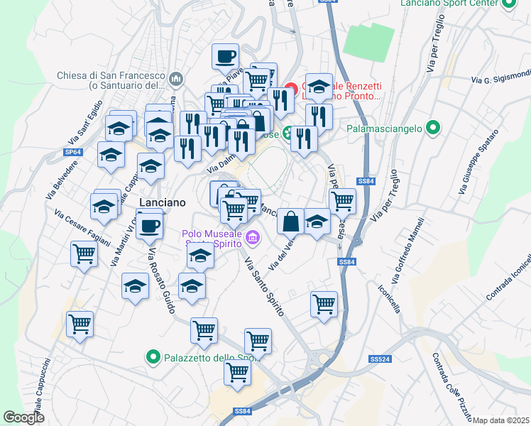 map of restaurants, bars, coffee shops, grocery stores, and more near 130 Via del Mancino in Lanciano