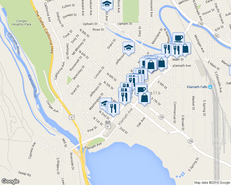 map of restaurants, bars, coffee shops, grocery stores, and more near 438 High Street in Klamath Falls