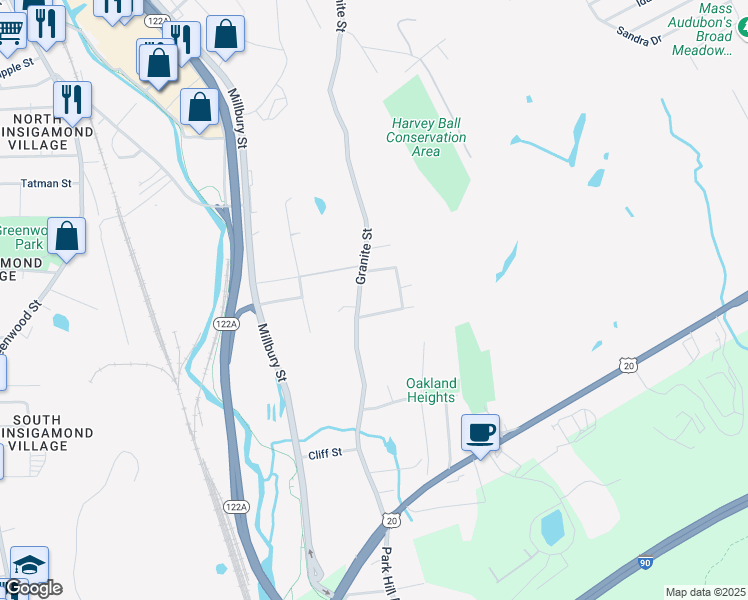 map of restaurants, bars, coffee shops, grocery stores, and more near 400 Granite Street in Worcester