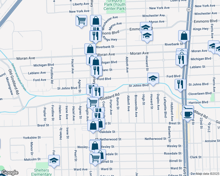 map of restaurants, bars, coffee shops, grocery stores, and more near 1779 Saint Johns Boulevard in Lincoln Park