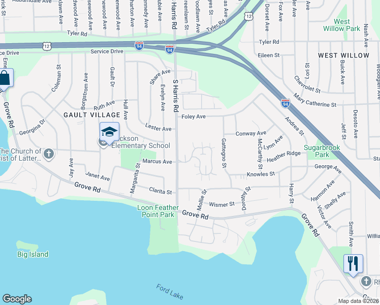 map of restaurants, bars, coffee shops, grocery stores, and more near 1425 Wingate Boulevard in Ypsilanti