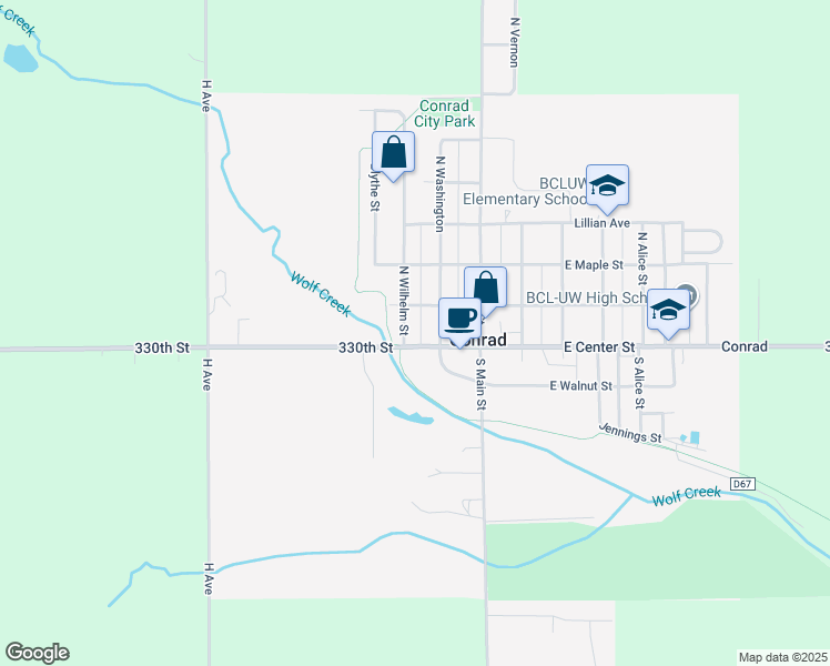 map of restaurants, bars, coffee shops, grocery stores, and more near North Wilhelm Street in Conrad