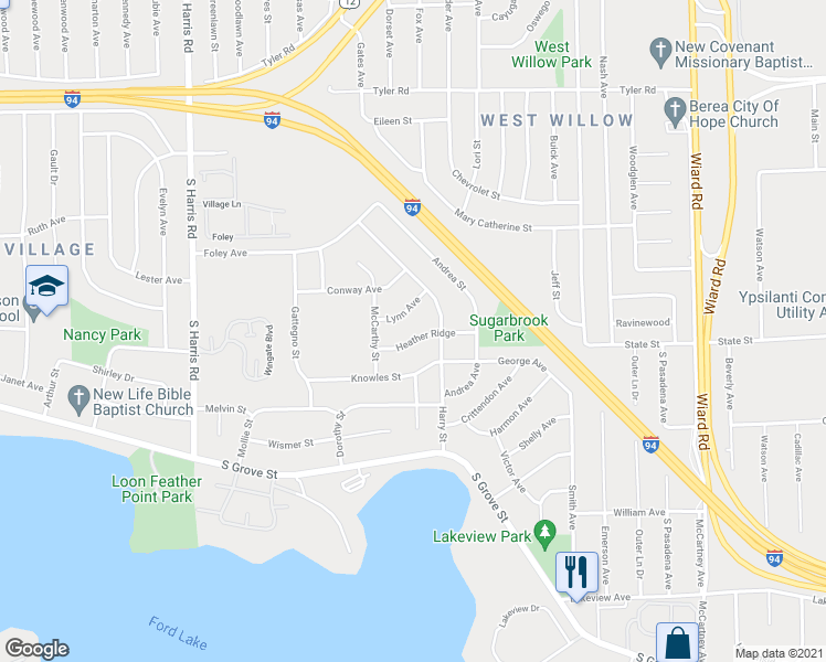 map of restaurants, bars, coffee shops, grocery stores, and more near 1768 Heatherridge Street in Ypsilanti