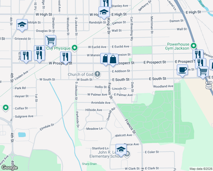 map of restaurants, bars, coffee shops, grocery stores, and more near 2107 Francis Street in Jackson