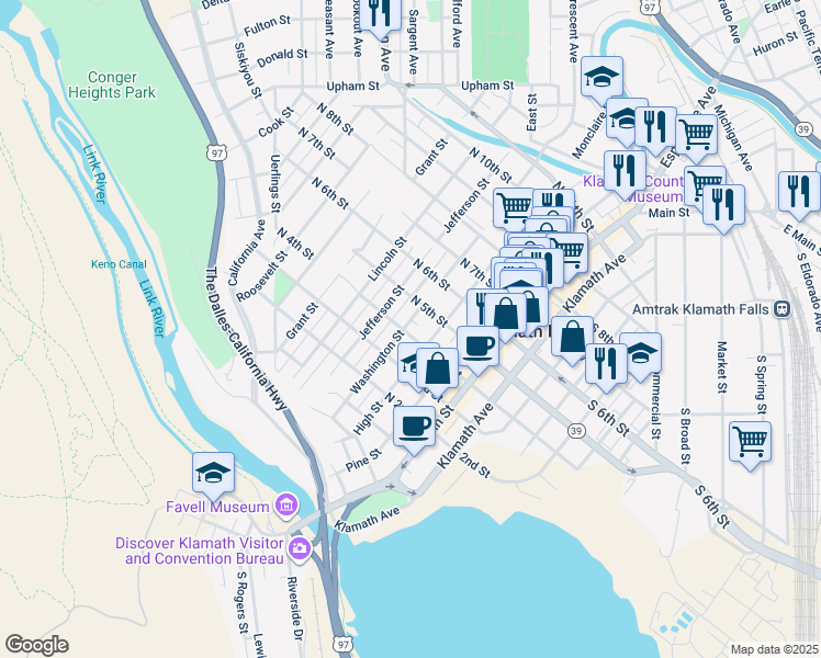 map of restaurants, bars, coffee shops, grocery stores, and more near 404 Washington Street in Klamath Falls
