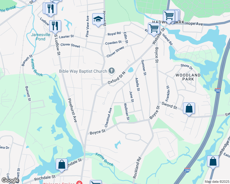 map of restaurants, bars, coffee shops, grocery stores, and more near 45 Chestnut Avenue in Auburn