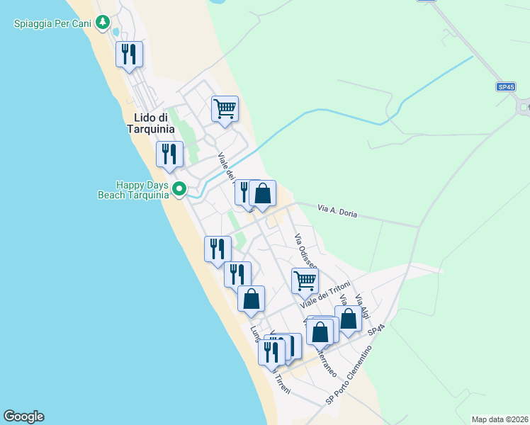 map of restaurants, bars, coffee shops, grocery stores, and more near 3 Viale A. Doria in Lido di Tarquinia