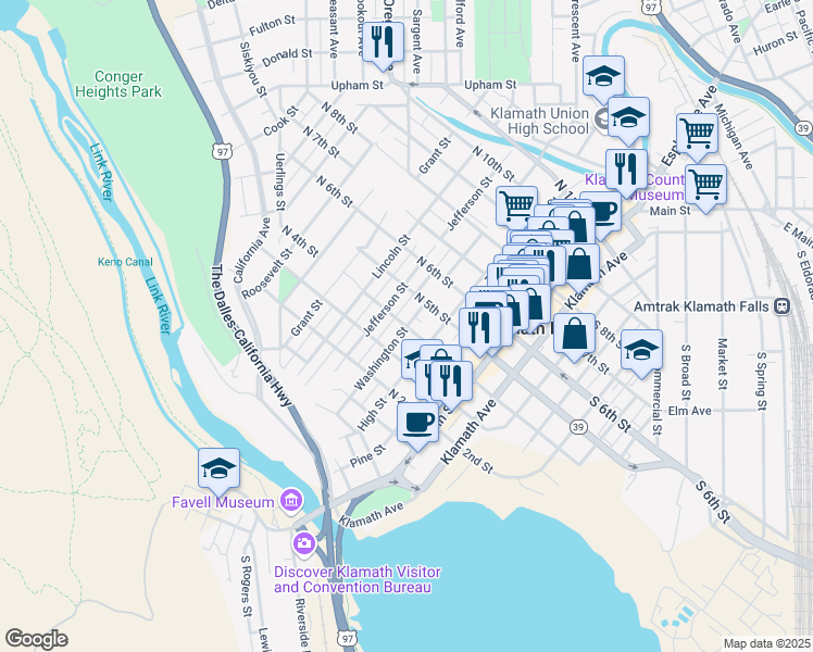 map of restaurants, bars, coffee shops, grocery stores, and more near 401 North 4th Street in Klamath Falls