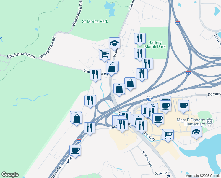 map of restaurants, bars, coffee shops, grocery stores, and more near 93 Granite Street in Braintree