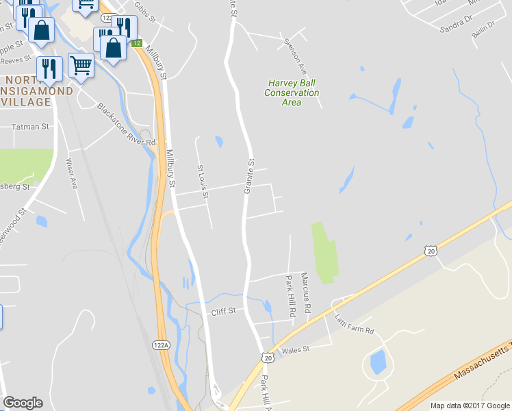 map of restaurants, bars, coffee shops, grocery stores, and more near 400 Granite Street in Worcester