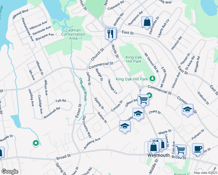 map of restaurants, bars, coffee shops, grocery stores, and more near 142 Heritage Lane in Weymouth