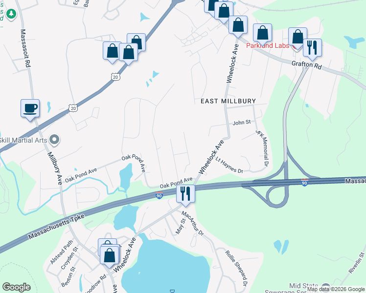 map of restaurants, bars, coffee shops, grocery stores, and more near 12 Irene Court in Millbury