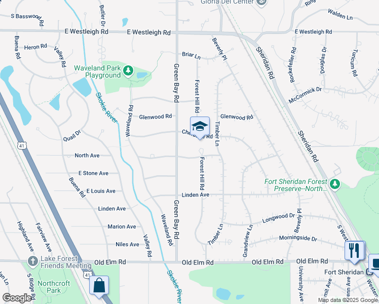 map of restaurants, bars, coffee shops, grocery stores, and more near 475 Cherokee Road in Lake Forest