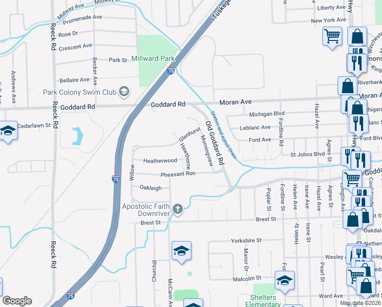 map of restaurants, bars, coffee shops, grocery stores, and more near 11385 Hawthorne in Southgate