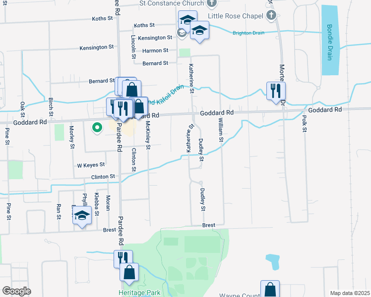 map of restaurants, bars, coffee shops, grocery stores, and more near 11166 Katherine Street in Taylor