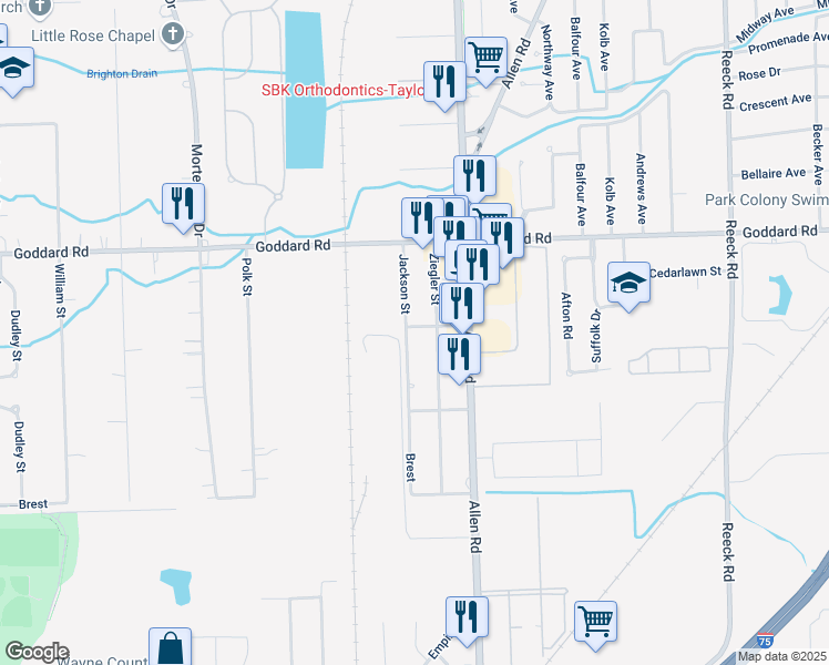 map of restaurants, bars, coffee shops, grocery stores, and more near 11209 Jackson Street in Taylor