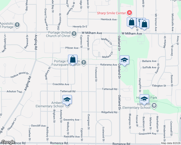 map of restaurants, bars, coffee shops, grocery stores, and more near 6330 Trotwood Street in Portage