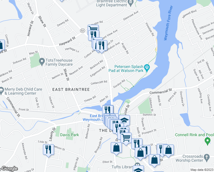 map of restaurants, bars, coffee shops, grocery stores, and more near 100 Quincy Avenue in Braintree