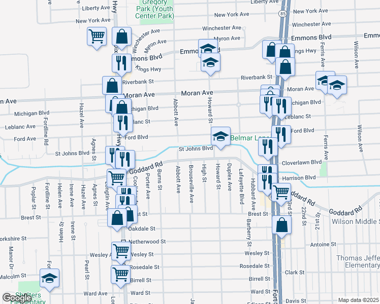 map of restaurants, bars, coffee shops, grocery stores, and more near 1667 Saint Johns Boulevard in Lincoln Park