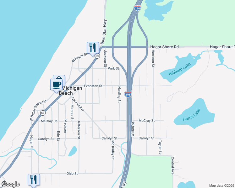 map of restaurants, bars, coffee shops, grocery stores, and more near 6246 Harding Street in Coloma