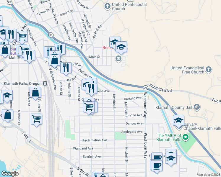map of restaurants, bars, coffee shops, grocery stores, and more near 495 Division Street in Klamath Falls