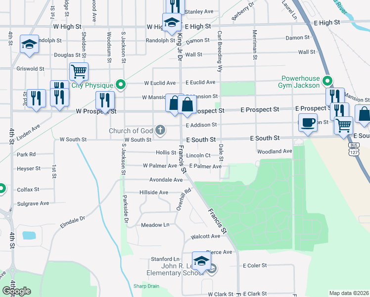 map of restaurants, bars, coffee shops, grocery stores, and more near 2107 Francis Street in Jackson