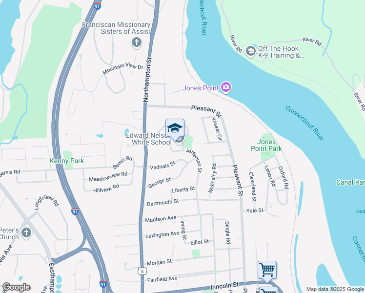 map of restaurants, bars, coffee shops, grocery stores, and more near 1 Jefferson Street in Holyoke