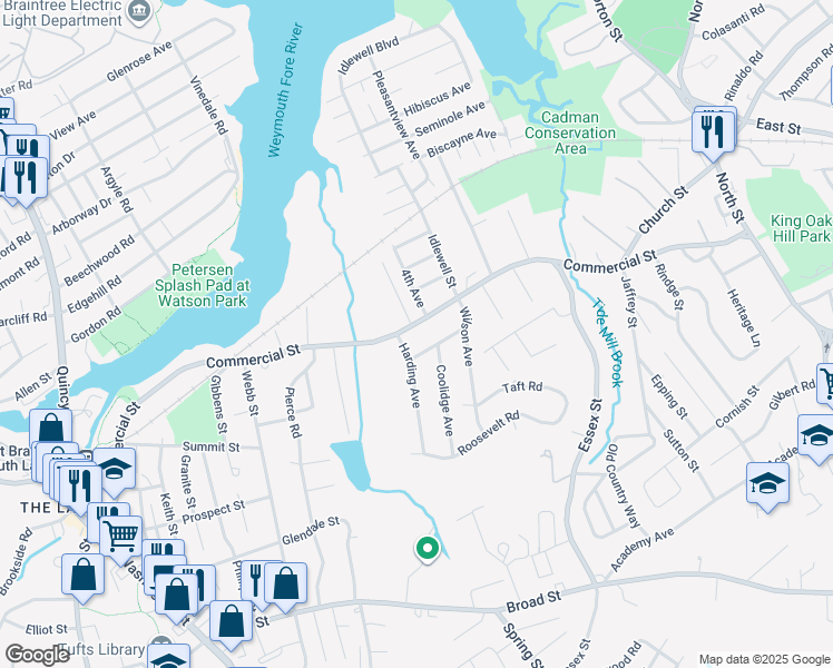 map of restaurants, bars, coffee shops, grocery stores, and more near 410 Commercial Street in Weymouth