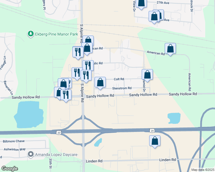 map of restaurants, bars, coffee shops, grocery stores, and more near 4670 Stenstrom Road in Rockford